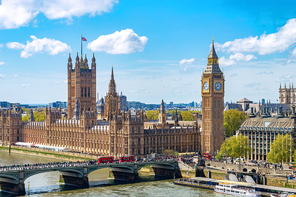 Big Ben and Houses of Parliament beside the River Thames in London.